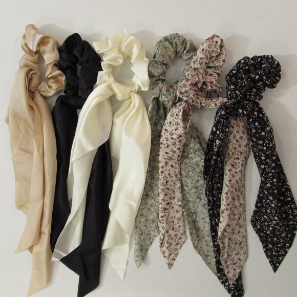 Ribbon Hair Ties 3 Solid/3 Floral NEW - Picture 2 of 7